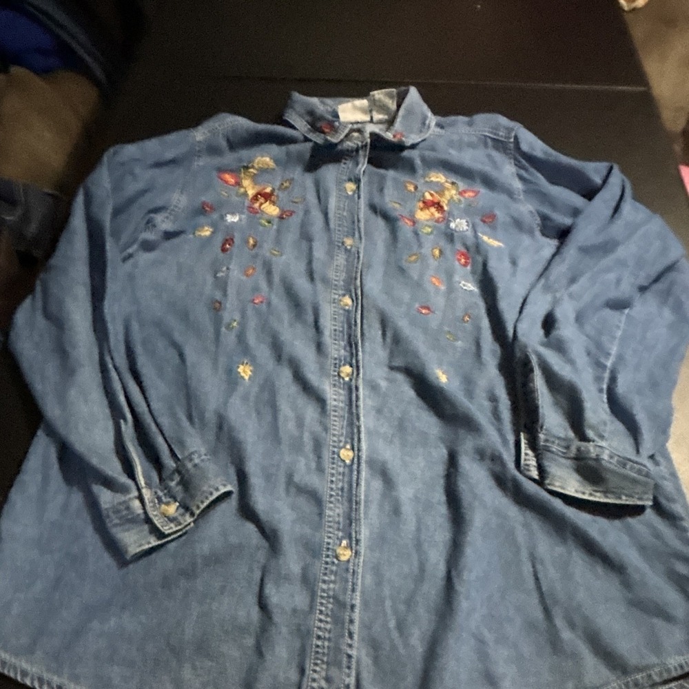 Vintage Bobbie Brooks Woman Blue Denim Embroidered Button-Up Shirt 14W/16W